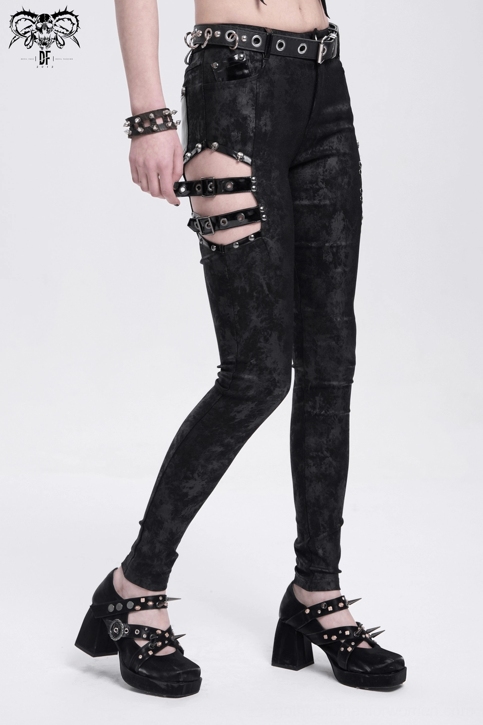 Black gothic pants product shot displaying overall slim fit and buckle placement