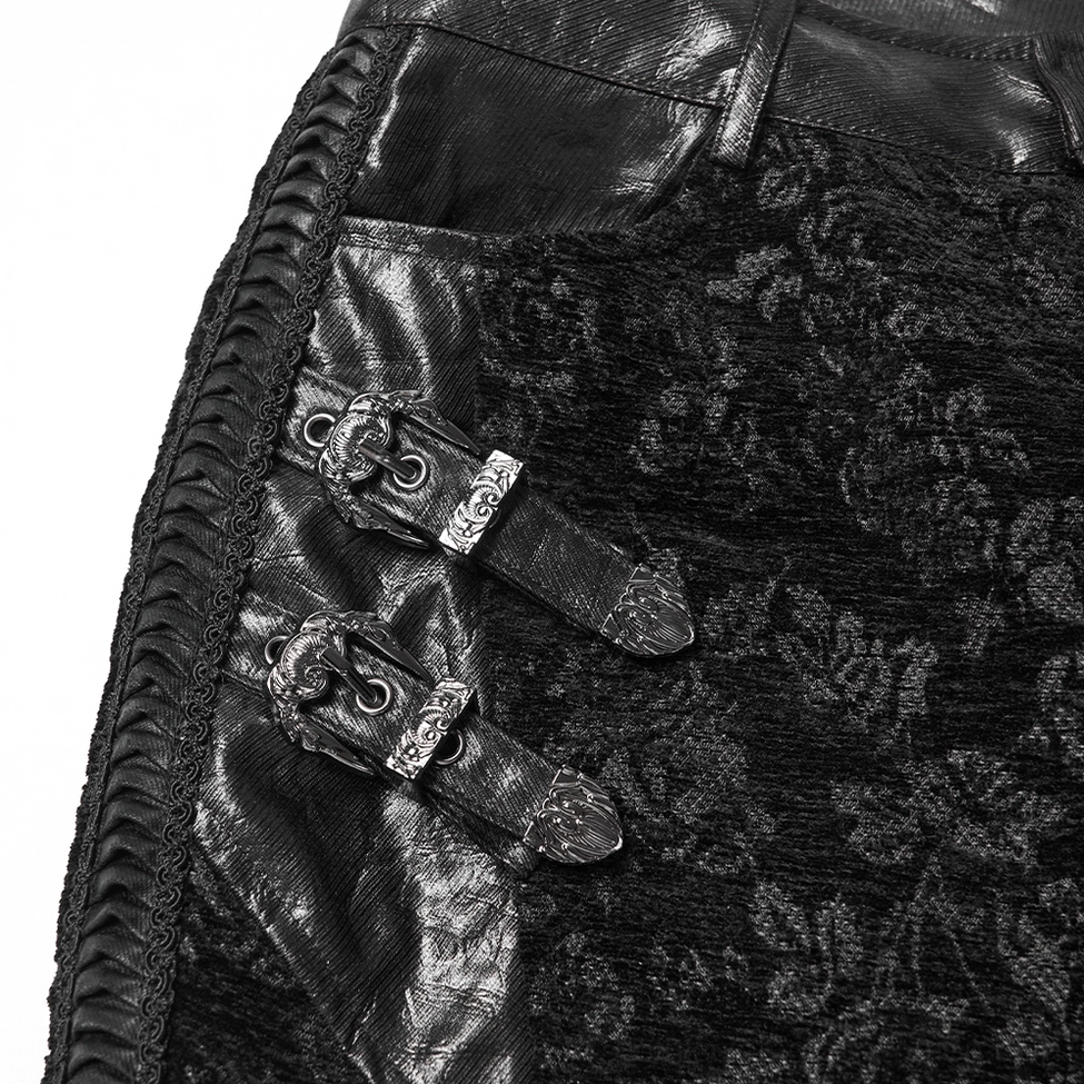 Black gothic pants pocket detail close-up - carved metal buckle decorations, faux leather pocket panel, stitching