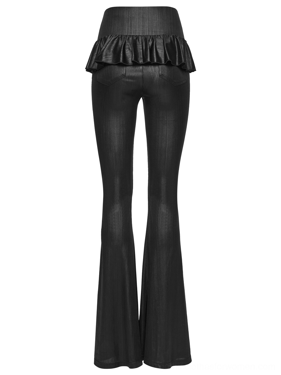 Rear flat lay view of black gothic flared pants displaying ruffled peplum waist and smooth glossy coated fabric finish
