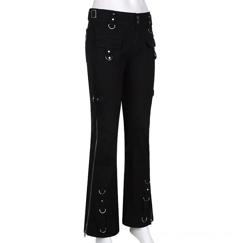 Black gothic cargo pants side view with prominent leg zipper and utility pocket design