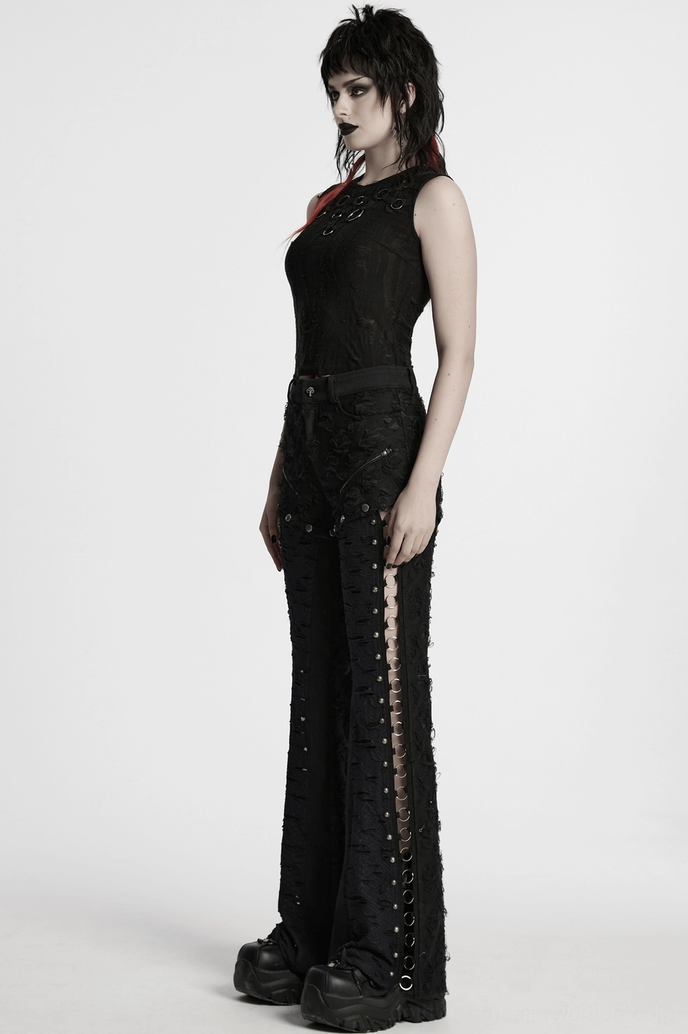 Black gothic pants tattered rose embellishment detail - punk style distressed trousers