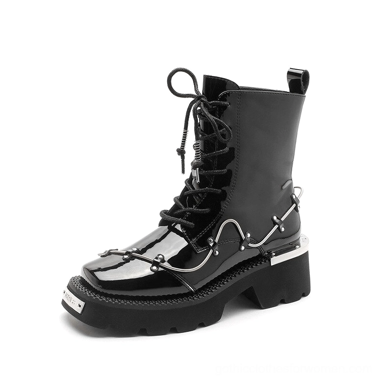 Black patent leather gothic lace-up ankle boots with square toe, front-facing view showing lace closure and metal chain decorations