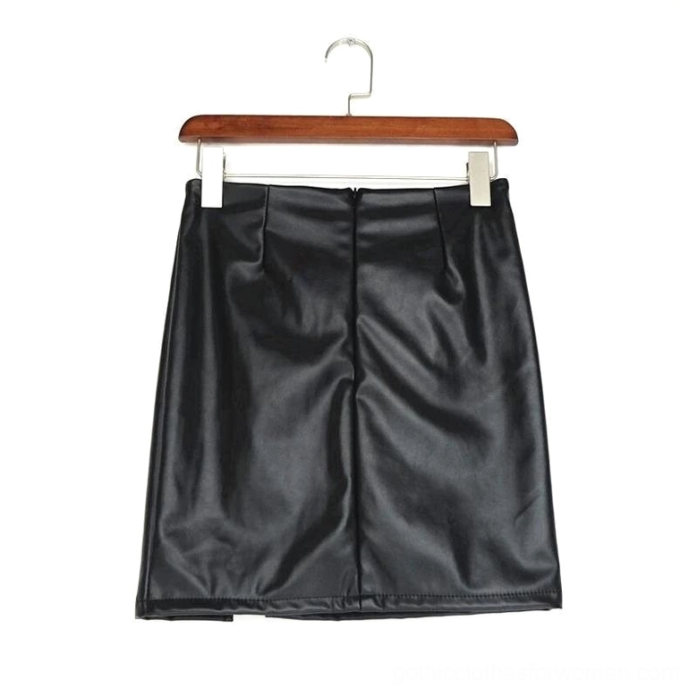Back flat lay of black gothic pencil skirt showing concealed zipper and leather texture