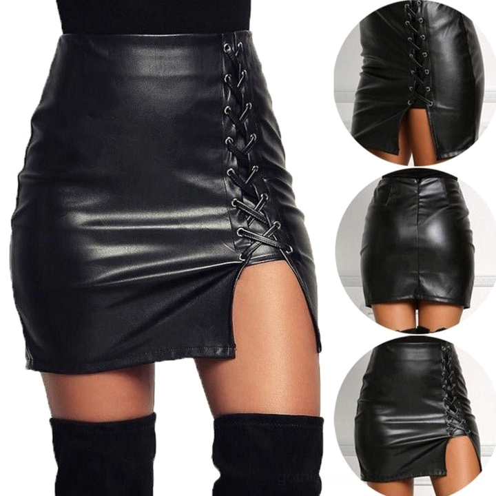 Black gothic pencil skirt styled on mannequin showing structured high-waist silhouette with lace-up front