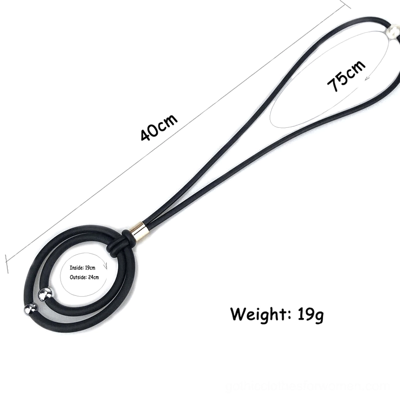 Black gothic rubber cord necklace flat lay side view showing 75cm total length and 19g weight