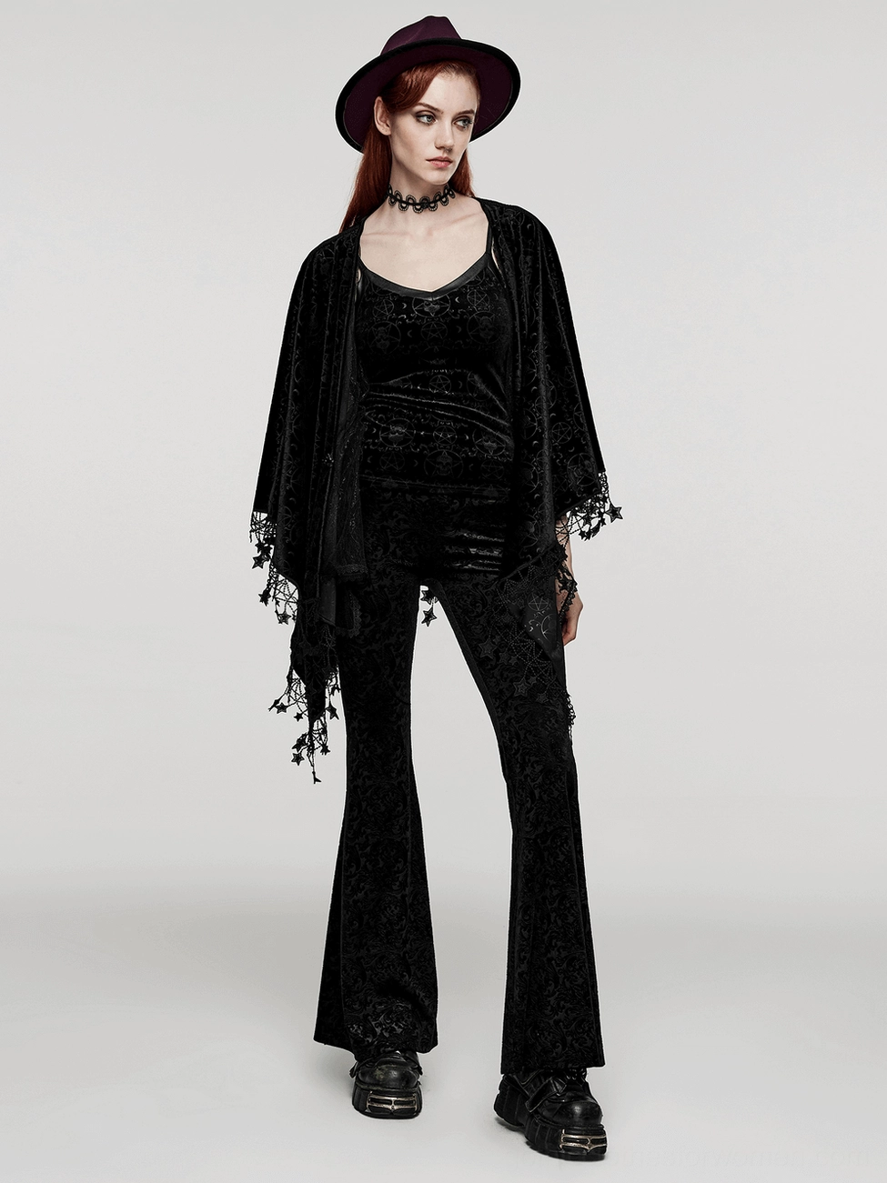 Black gothic pentagram cape with luxurious velvet fabric and embroidered occult symbols