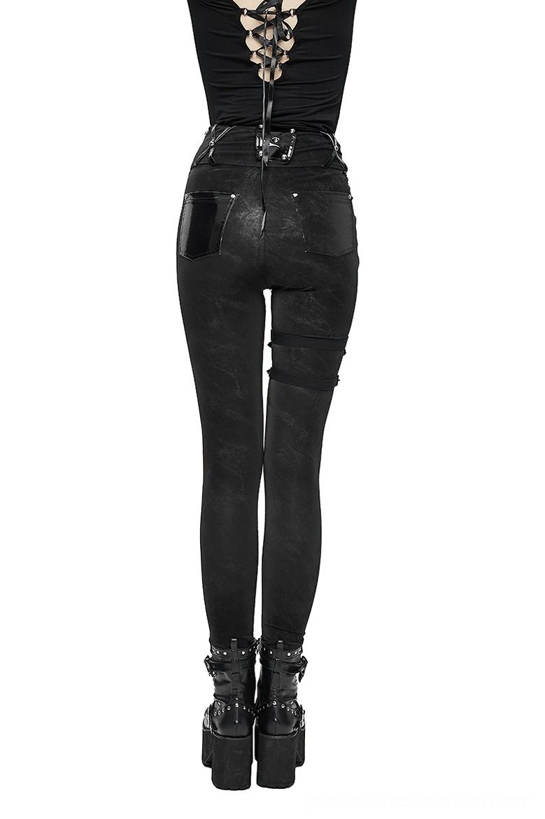 Black gothic pentagram pants rear view displaying lace-up back waist, rear vinyl pocket, and thigh straps