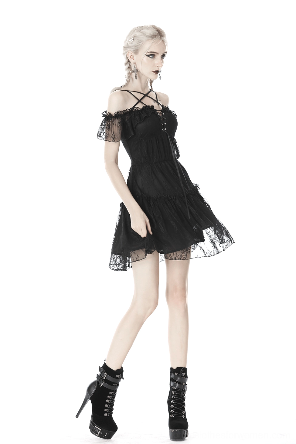 Black gothic off-shoulder lace mini dress with pentagram design and ruffled aesthetic