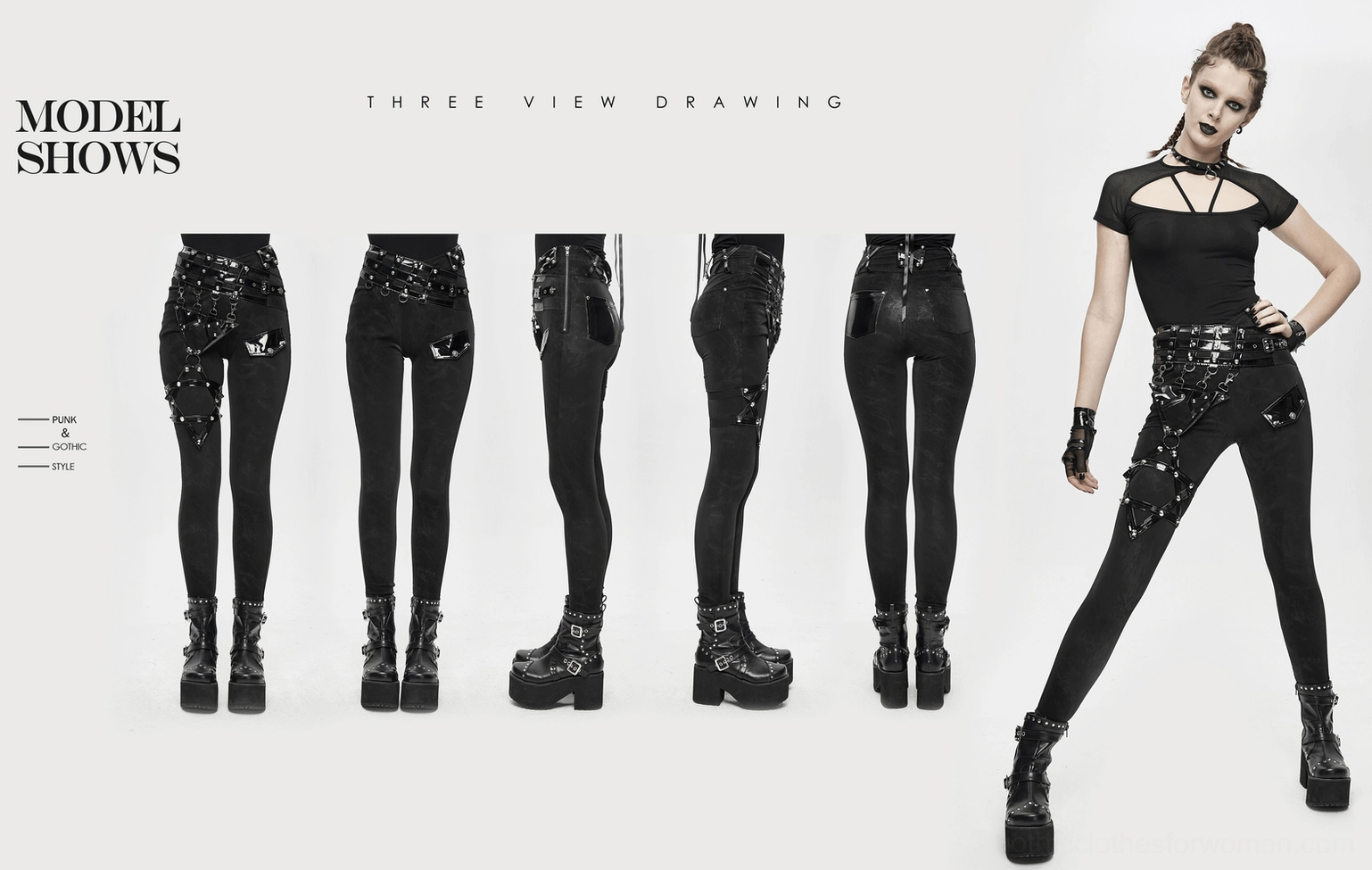 Side view showing complete harness system and metal rivet detailing on black gothic pentagram pants
