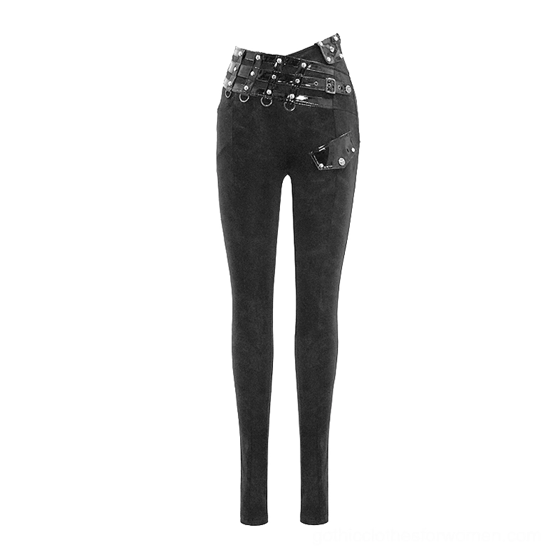 Front view of black gothic pentagram pants displaying double studded waistband and slim-fit silhouette