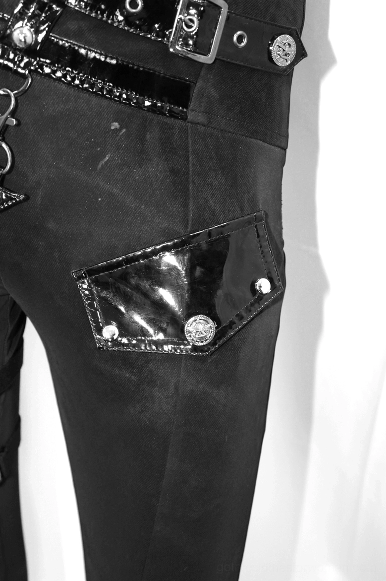 Pentagram hardware accent and studded waist detail on black gothic pants for women