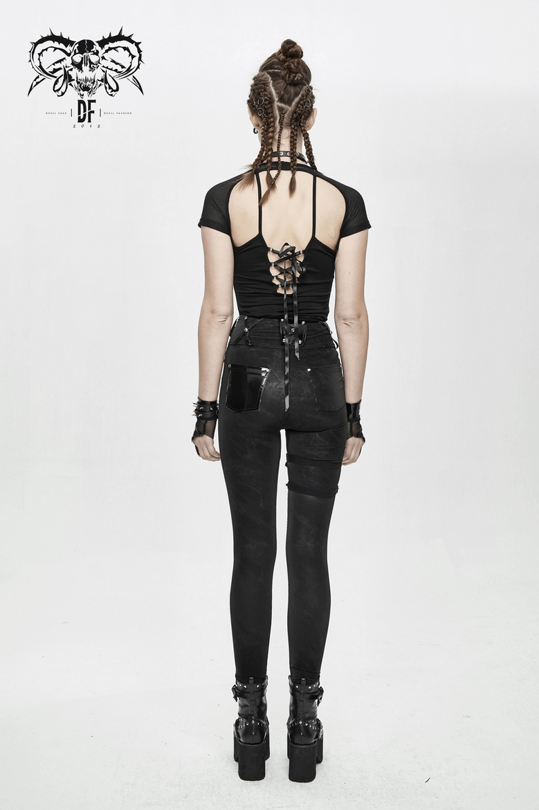 Upper thigh and waist transition showing pentagram hardware placement on black gothic pants