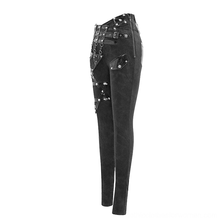 Left side rear view of black gothic pentagram harness pants with studded high waist and multiple straps