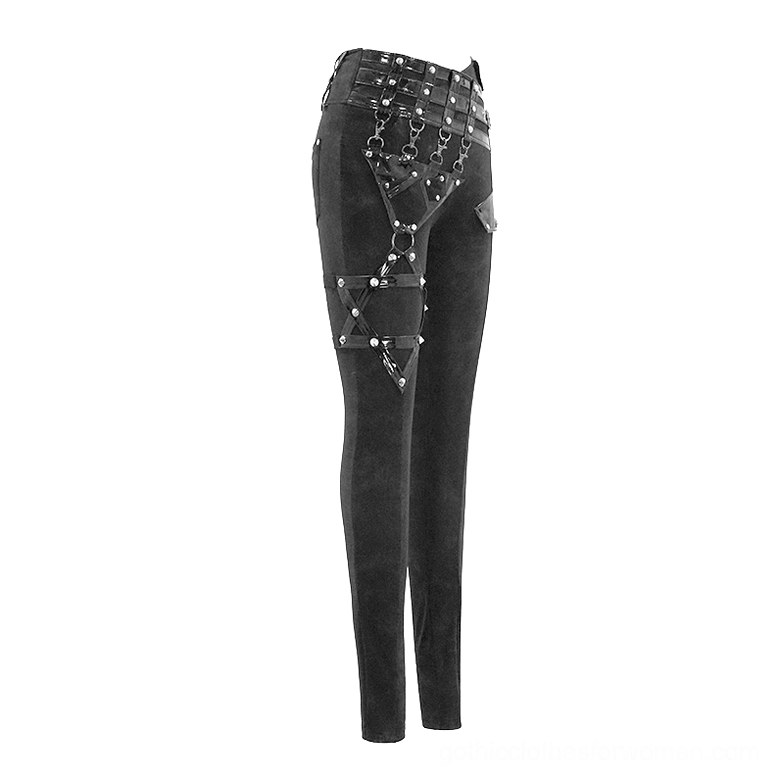 Left side front view of black gothic pentagram pants showing chain waist trim and pentagram leg straps