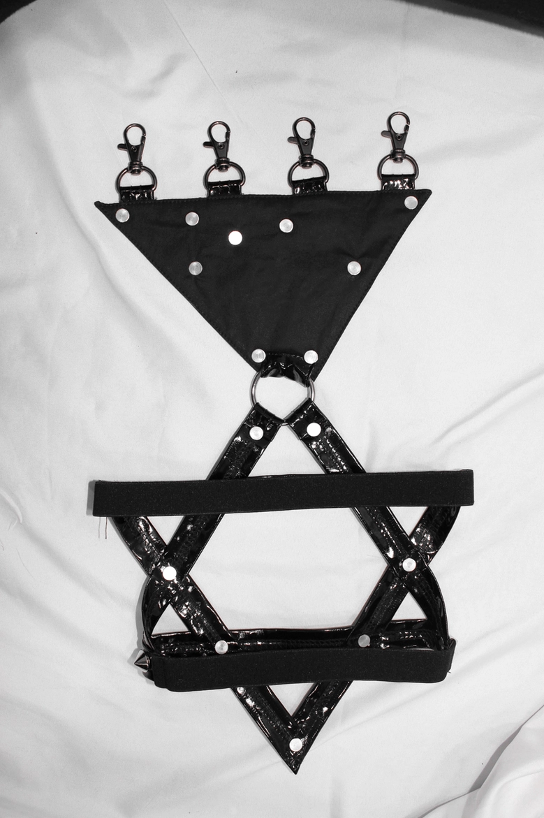 Full rear view of black gothic pentagram pants showing complete back construction and straps