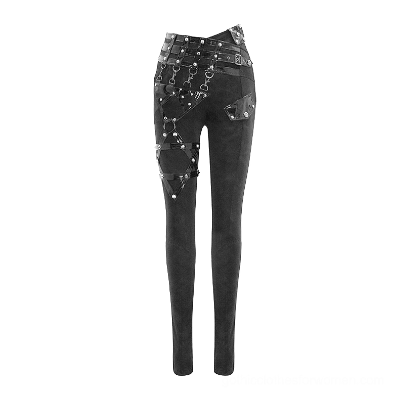 Right side front view of black gothic pentagram pants with studded waist and vinyl side pocket detail