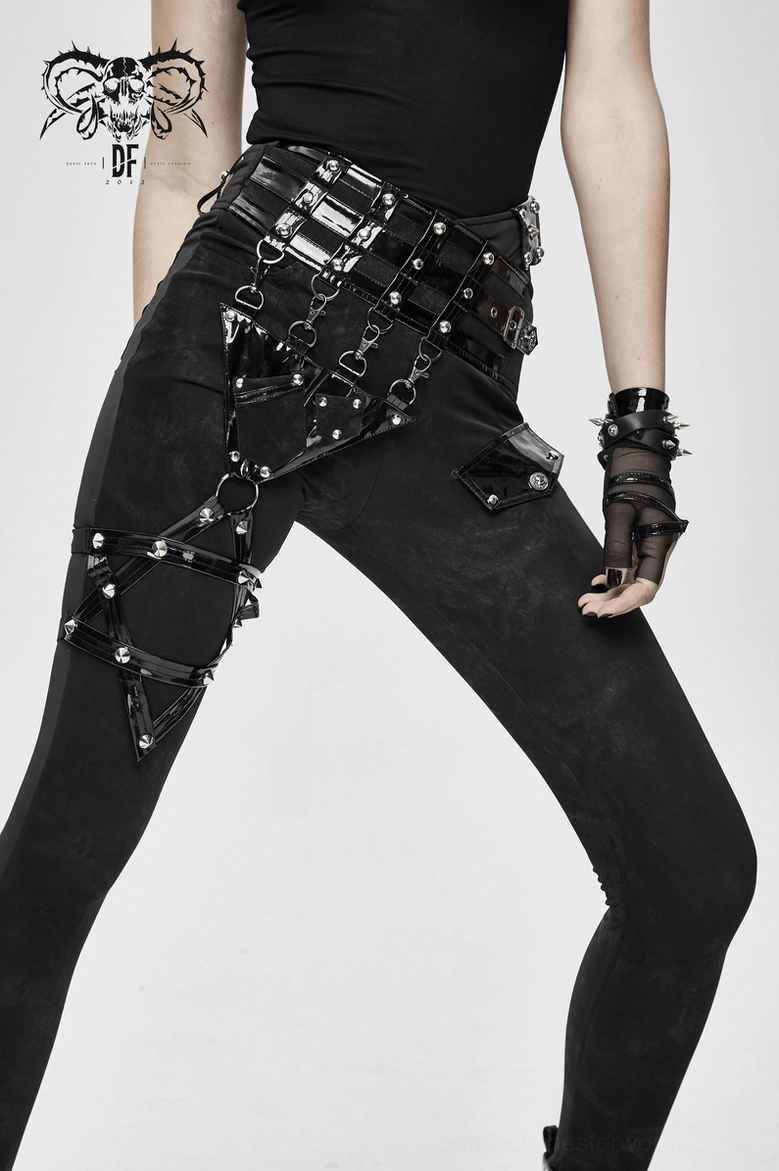 Overall silhouette and proportions of black gothic pentagram harness pants for women