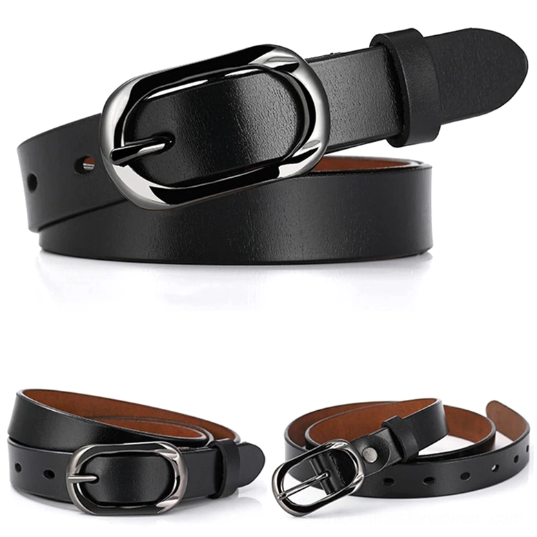 Black genuine leather gothic pin buckle belt detail, sleek design