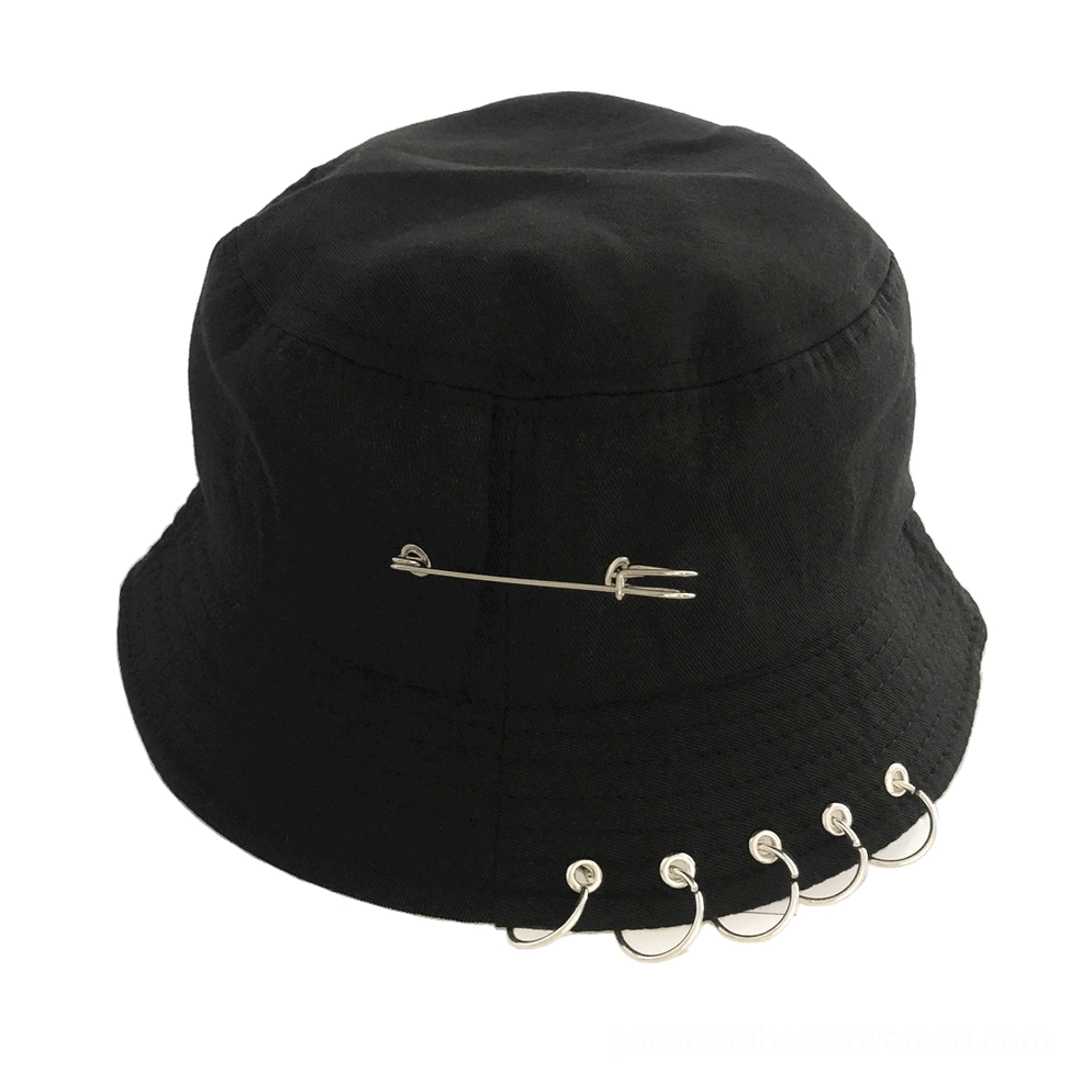Black gothic pin ring bucket hat with metal safety pin crown decoration and silver ring trims, front studio view