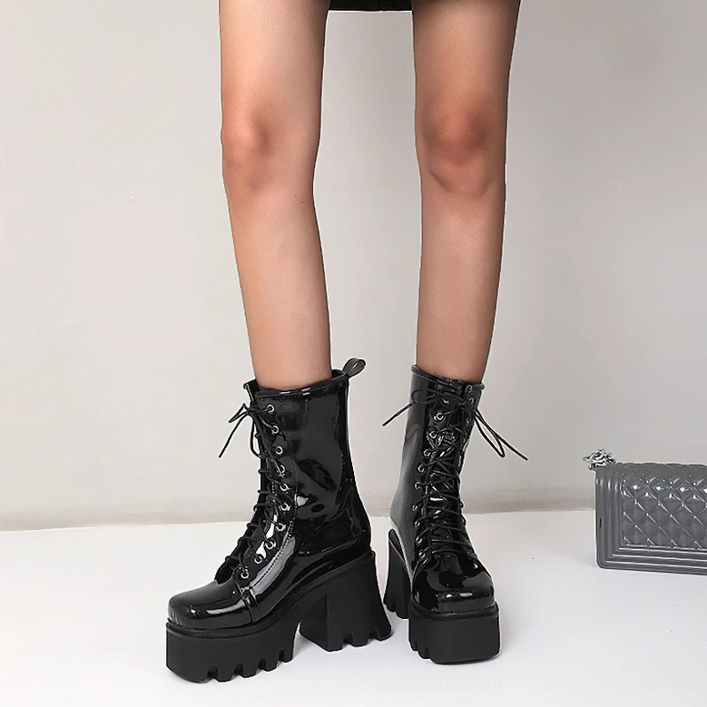 Black Patent Leather Gothic Platform Ankle Boots - Studio Shot Displaying Boot Profile and Construction