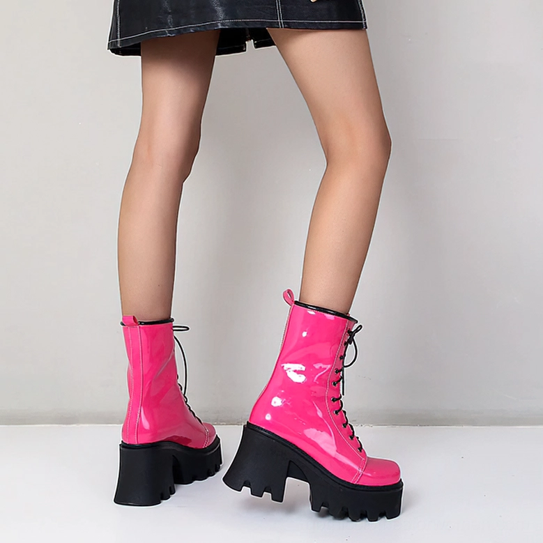 Black Patent Leather Gothic Platform Boots - Back Heel View Featuring Block Heel and Pull Tab