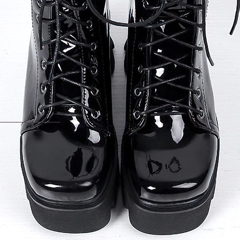 Black Patent Leather Gothic Platform Combat Boots - Close-Up Front Detail of Round Toe and Lug Sole