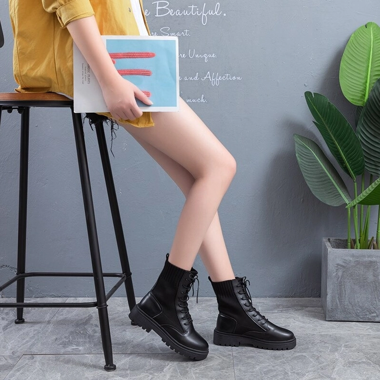Black gothic platform combat boots - women's lace-up ankle boots with knit collar and flexible rubber sole