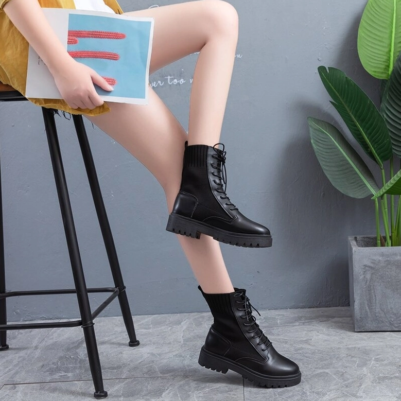 Black gothic lace-up platform combat ankle boots - women's round toe boots with stretchy knit shaft material