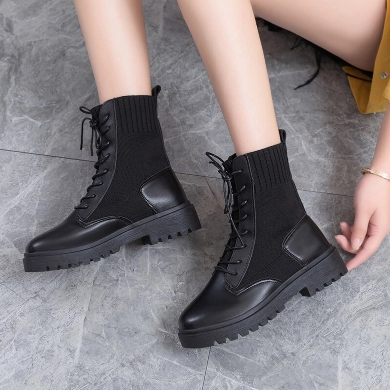 Black gothic lace-up combat boots women - platform ankle boots with pu leather upper and stretch fabric