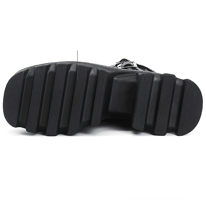 Black Patent Leather Gothic Platform Boots - Alternative Angle Showing Gloss Finish and Lug Tread