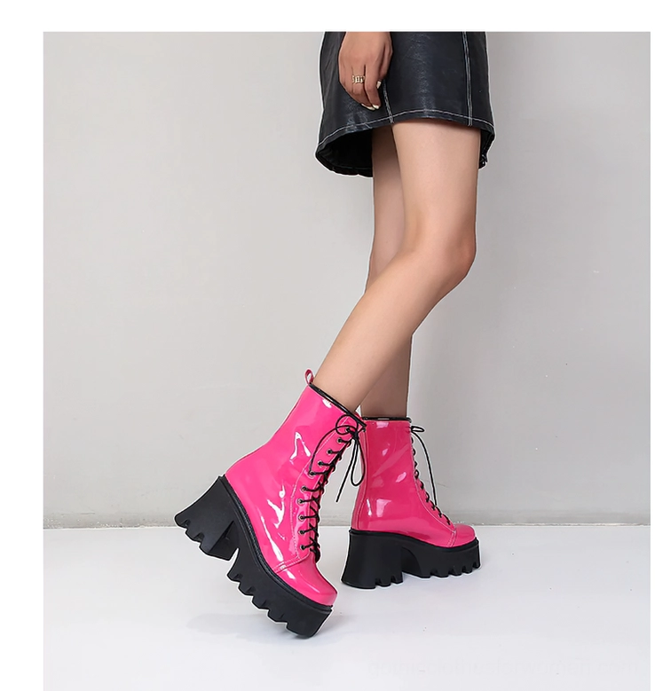 Black Patent Leather Gothic Platform Boots - Heel and Sole Construction Detail with Height Reference