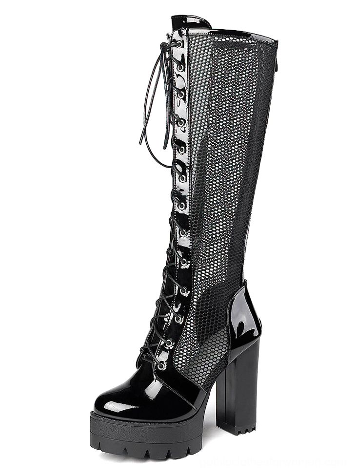 Black patent leather mesh knee-high gothic platform boots with lace-up closure and chunky square heel front view