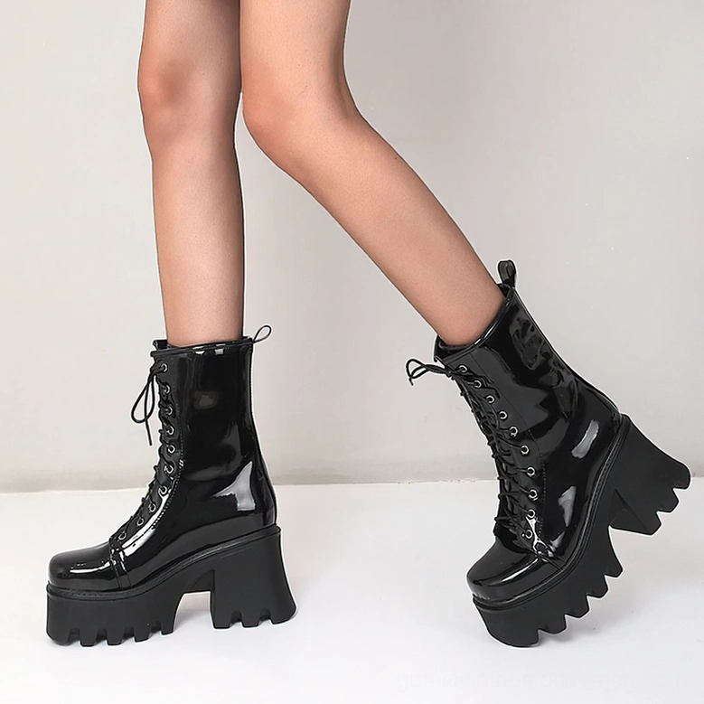 Black Patent Leather Gothic Platform Boots - Detail View of Lace System and Upper Construction