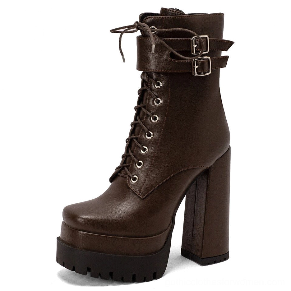 Black gothic platform ankle boots with chunky block heel, lace-up and buckle closure system