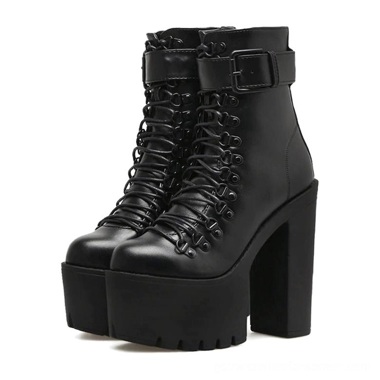 Black lace-up gothic platform ankle boots front three-quarter view showing metal eyelets and ankle buckle strap detail