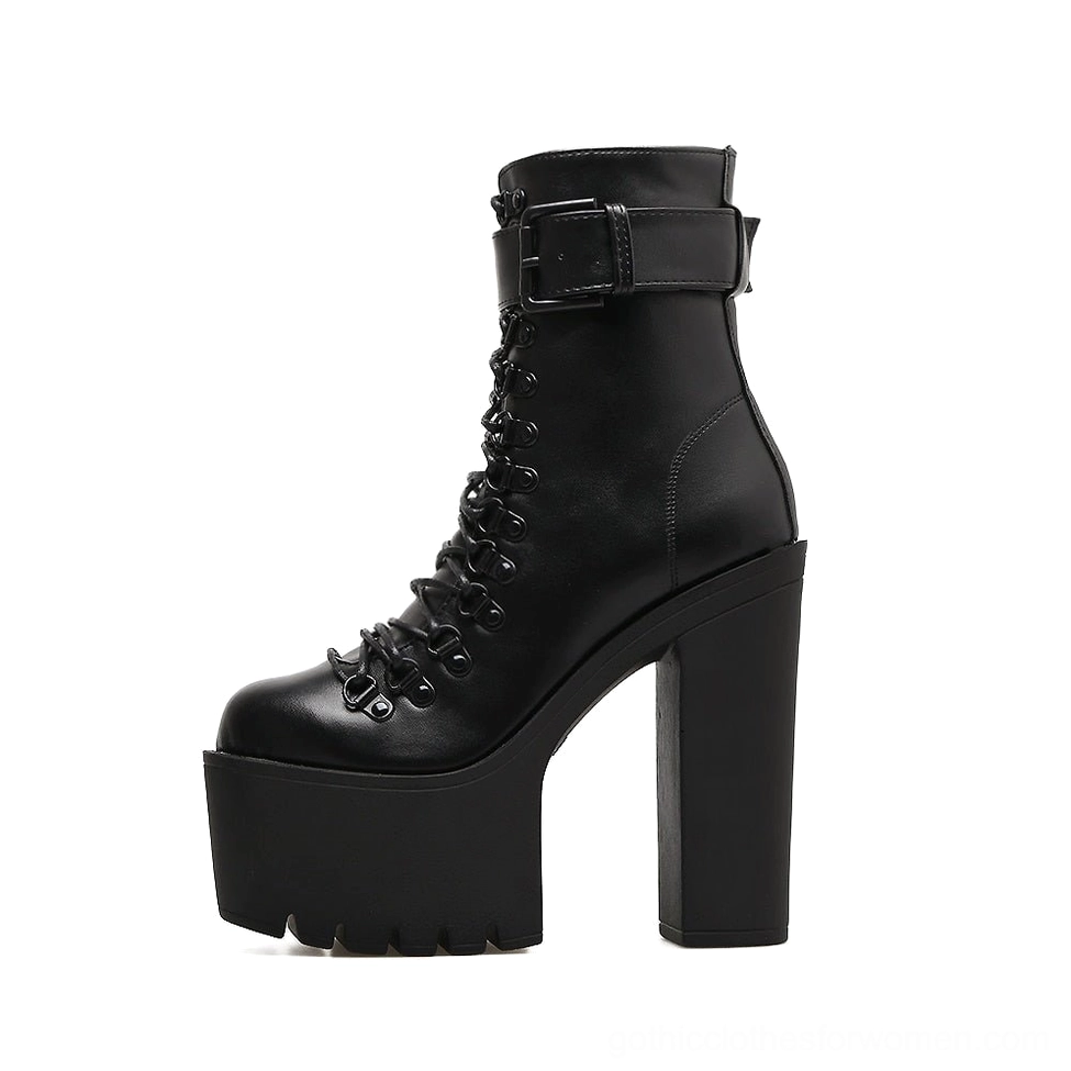 Single black platform ankle boot left profile view featuring side zipper closure and chunky block heel