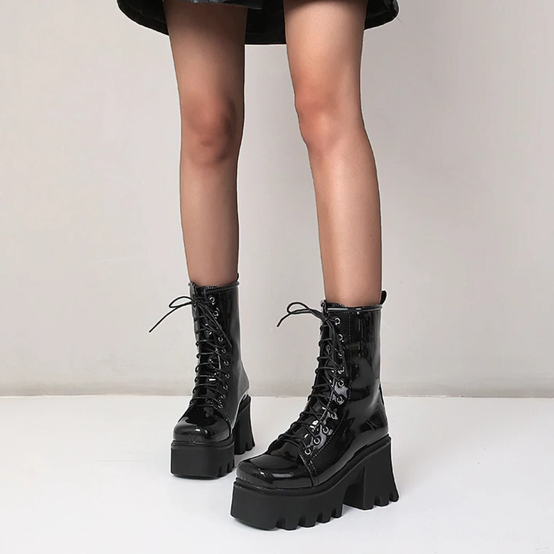 Black Patent Leather Gothic Platform Combat Boots - Paired Side View with Reflective Patent Finish