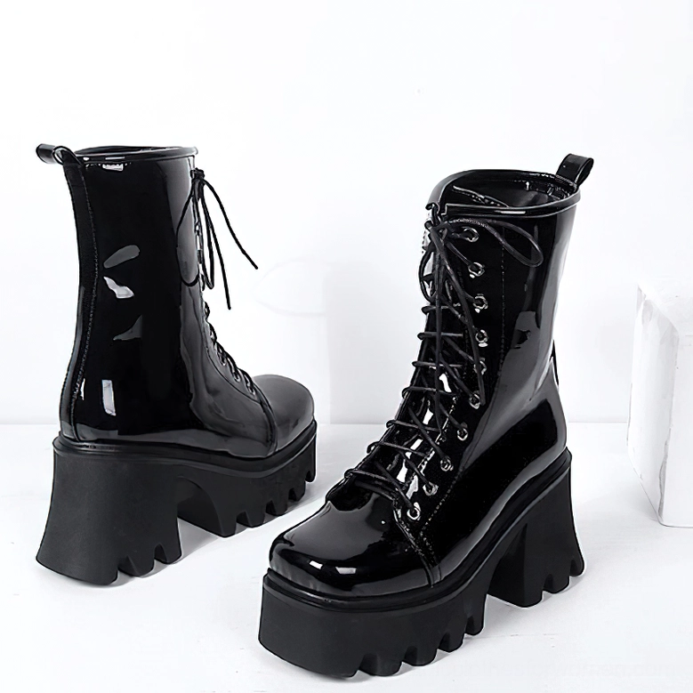 Black Patent Leather Gothic Platform Boots - Rear View Showing Lace-Up and Back Pull Tab Detail