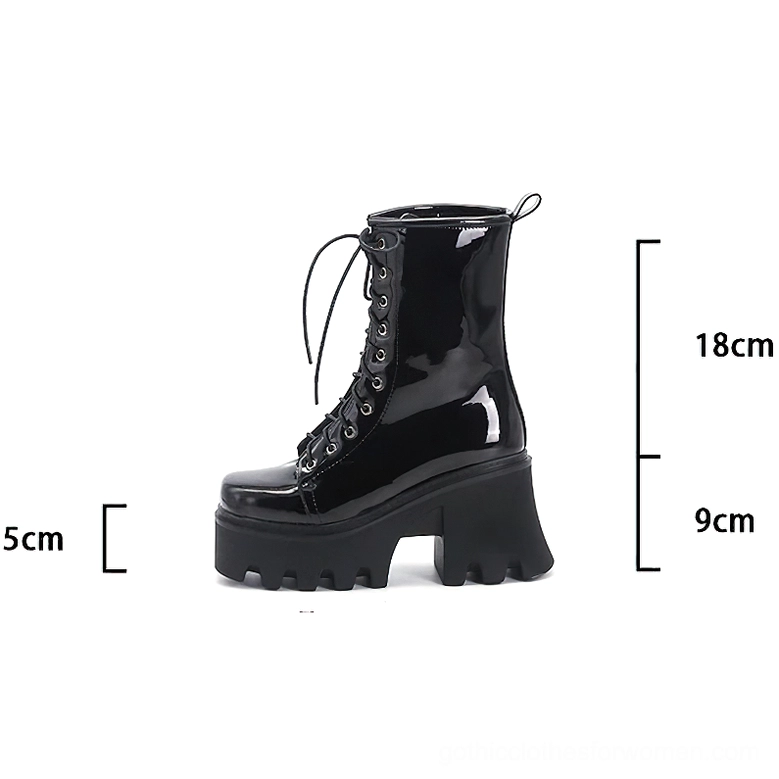 Black Patent Leather Gothic Platform Boot - Side Profile with Measurements (18cm Shaft, 9cm Heel, 5cm Platform)