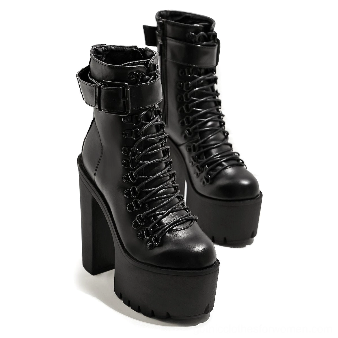 Black platform combat ankle boots side and rear perspective showcasing thick block heel and platform sole