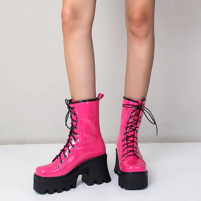 Black Patent Leather Gothic Platform Boots - Bottom Sole View Displaying TPU Lug Pattern and Tread