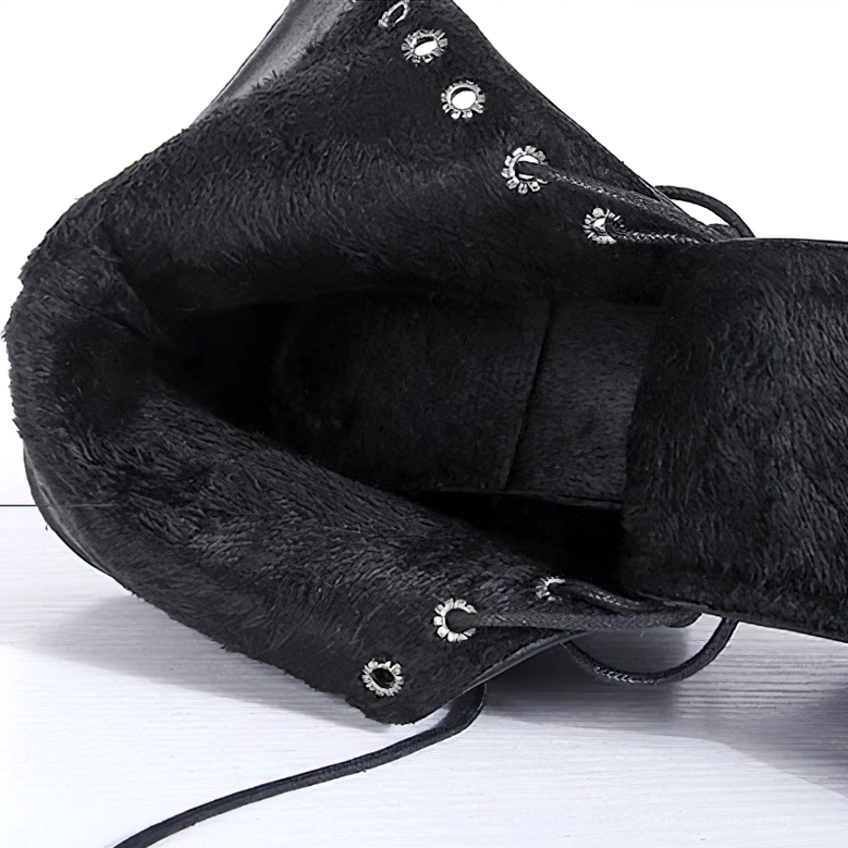 Black Patent Leather Gothic Platform Boots - Detailed Toe Box and Lace-Up Closure Front View