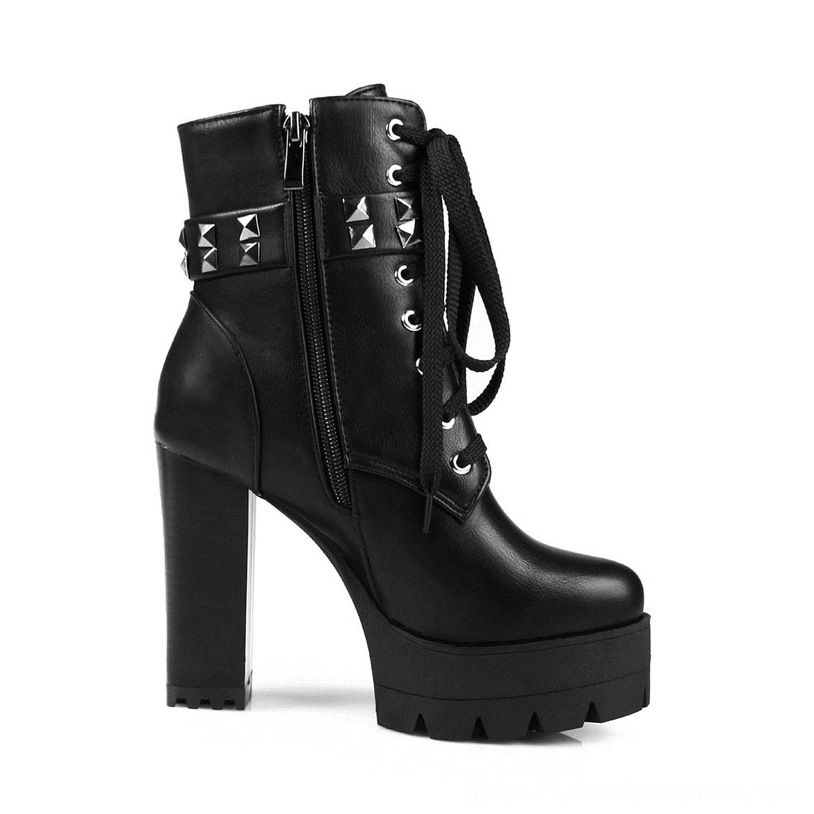 Black leather gothic platform ankle boots with side zipper and pyramid stud details, side profile