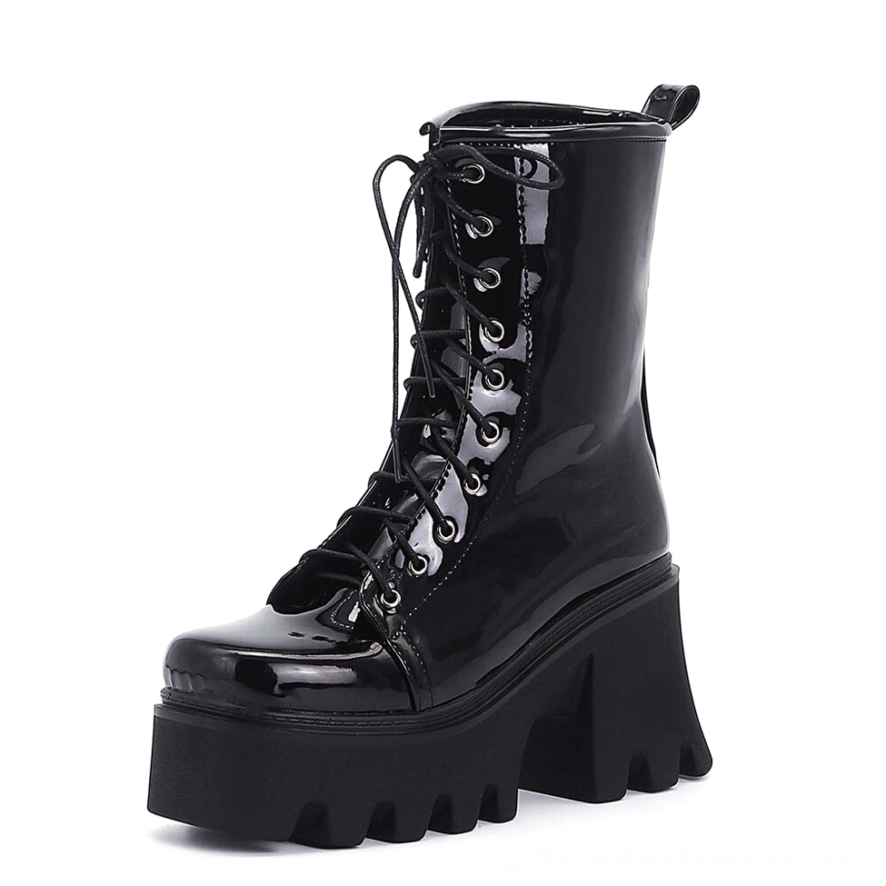 Black Patent Leather Gothic Platform Combat Boots - Three-Quarter Front View of Lace-Up Ankle Boot