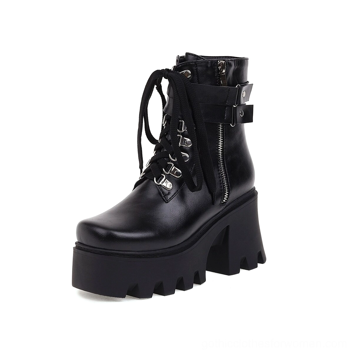 Black gothic lace-up platform combat boots with side zipper and ankle strap, three-quarter front view showing chunky square heel and round toe