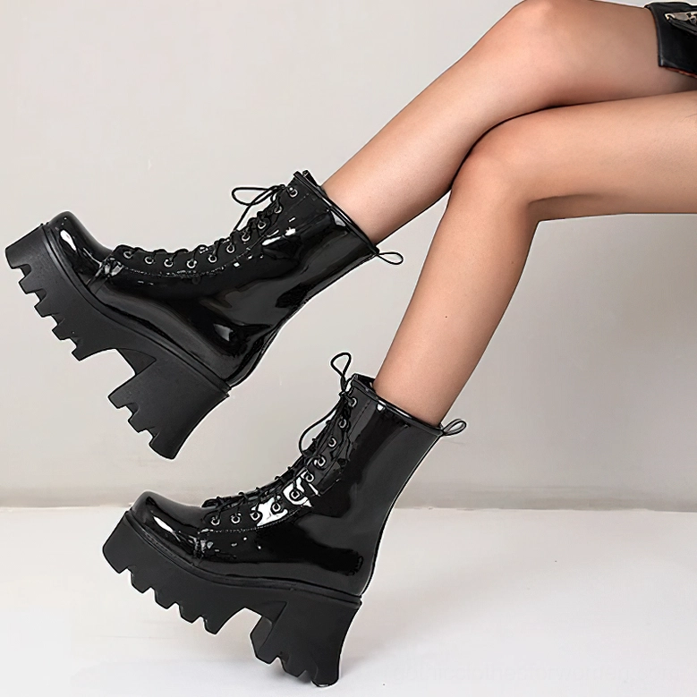 Black Patent Leather Gothic Platform Combat Boots - Primary Product Shot with Full Boot Display
