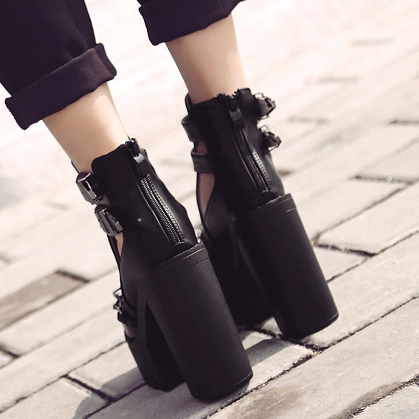Black gothic platform high heel boots with chain and buckle detailing - complete product showcase