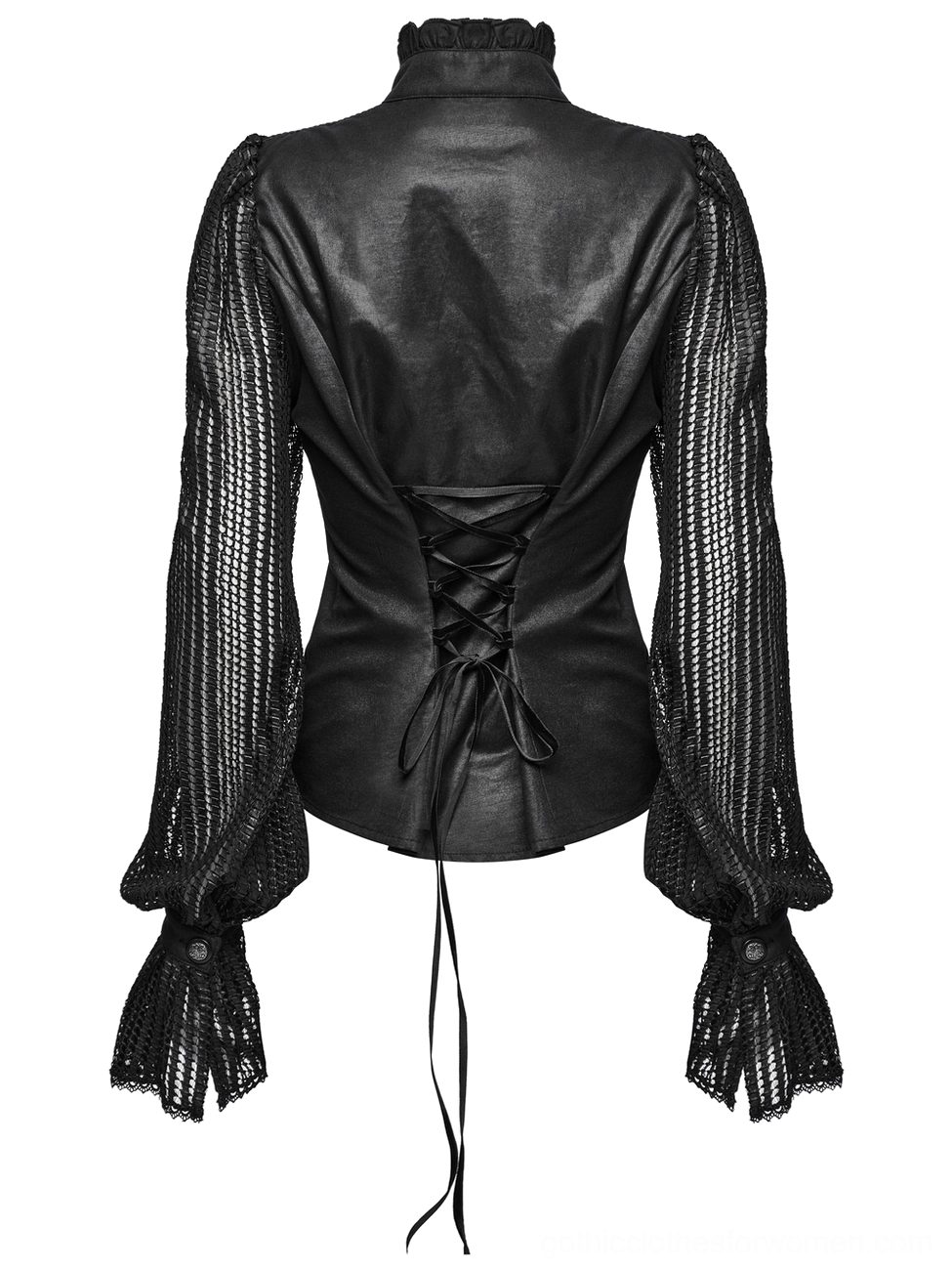 Black gothic pleated blouse back flat lay displaying corset-style lace-up fastening and raglan mesh sleeve design