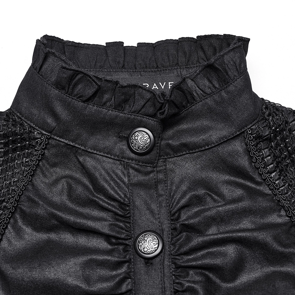 Close-up detail of black gothic blouse ruffled stand collar with embossed metal buttons and mesh trim