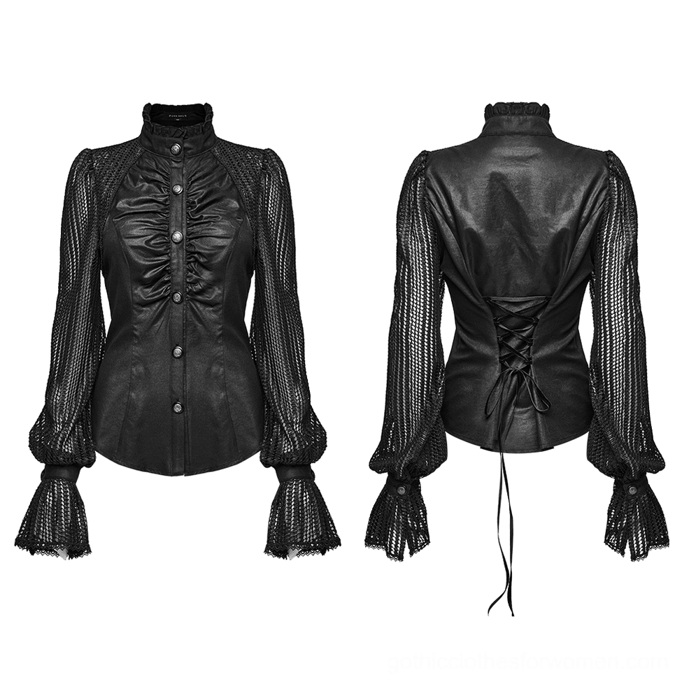 Black gothic pleated blouse flat lay front and back dual view showing button closure and corset lacing details